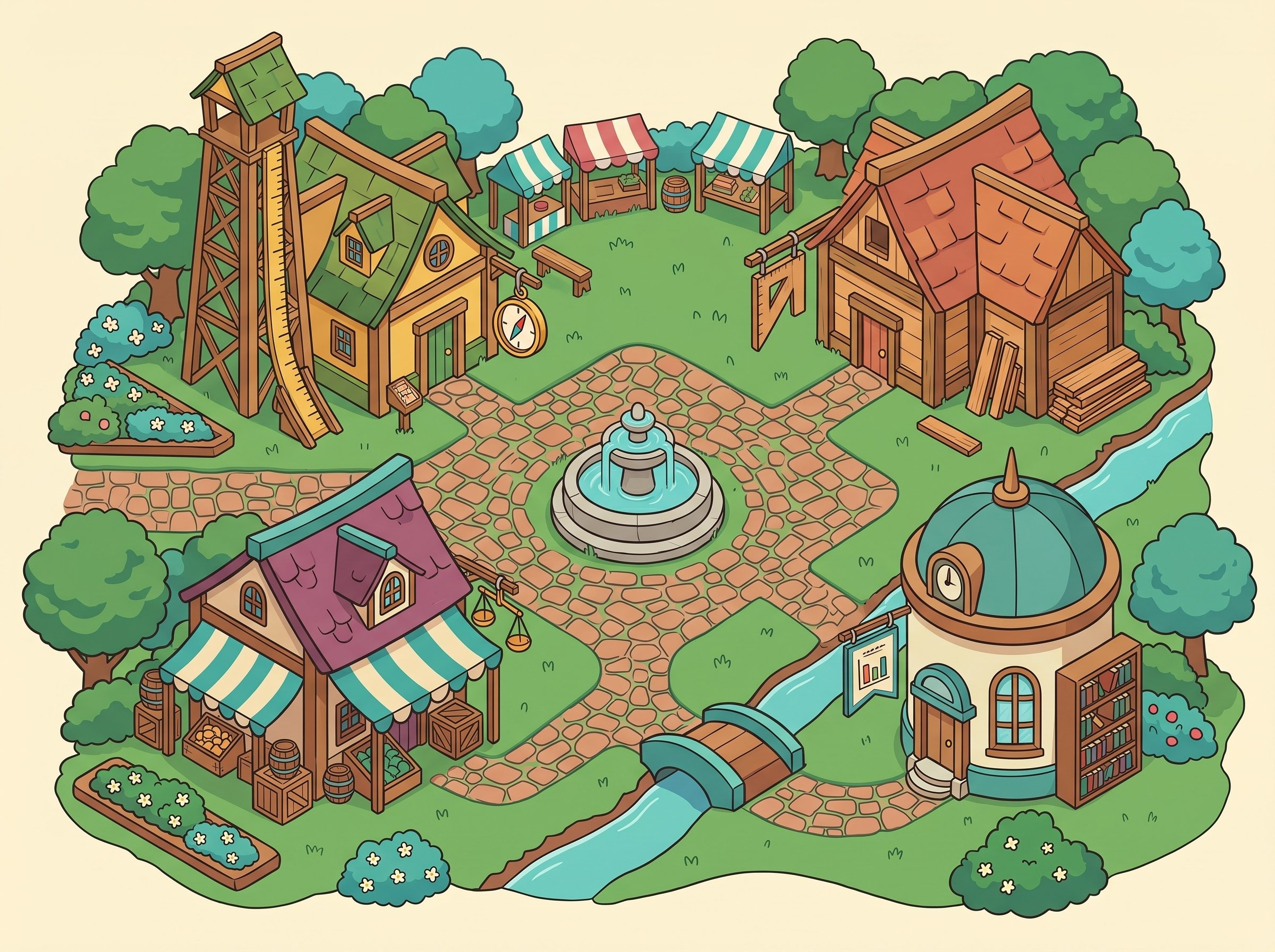 Le village de la guilde : les quatre maisons de métier, la Foire et le marché